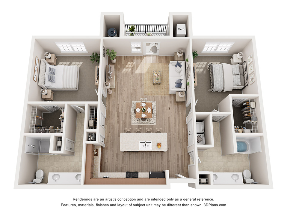 Floor plan for 2 beds, 2 baths, 1257 sqft